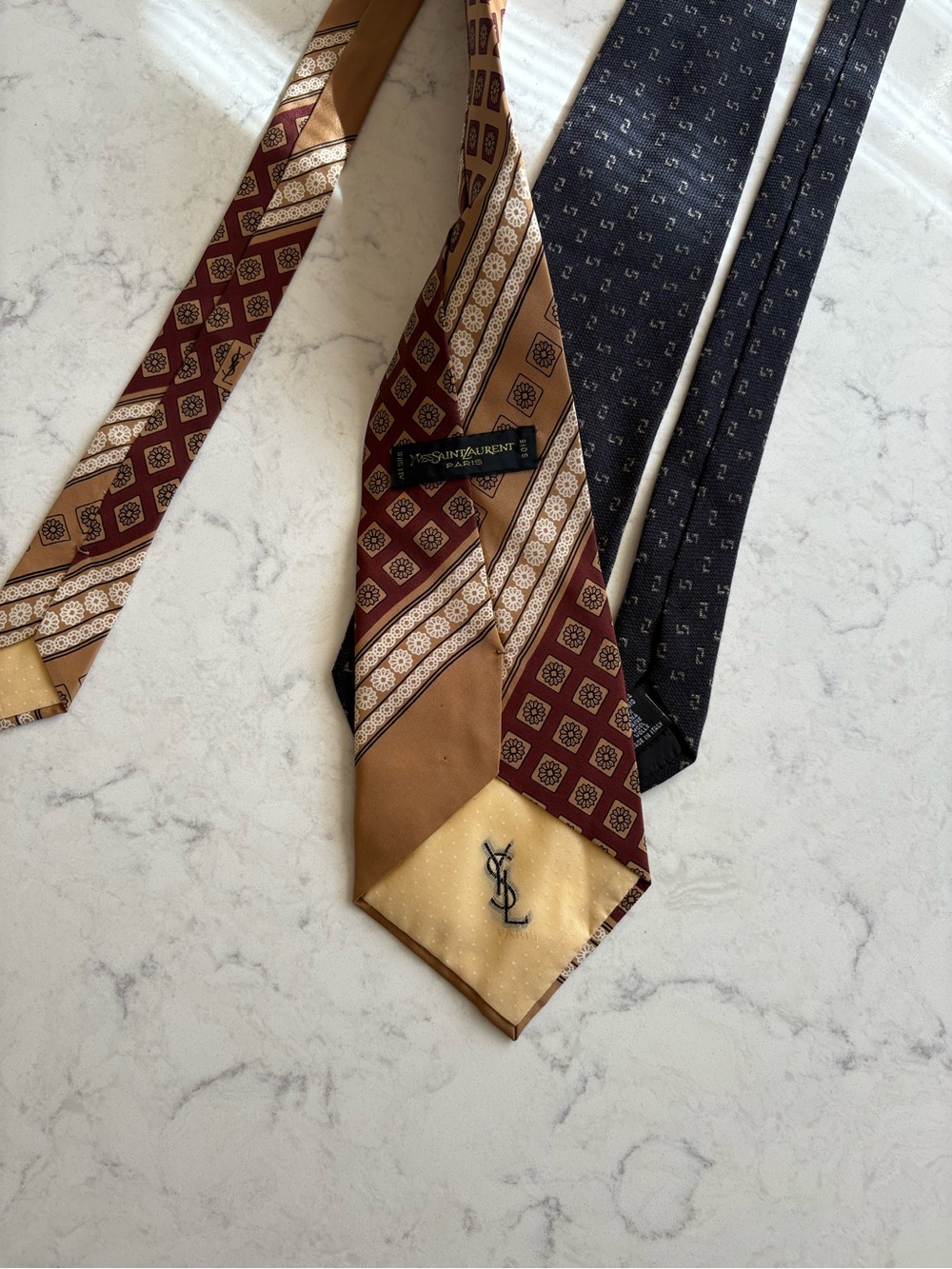Yves Saint Laurent Brown and Burgundy Geometric Silk Tie + Armani Collezioni Tie